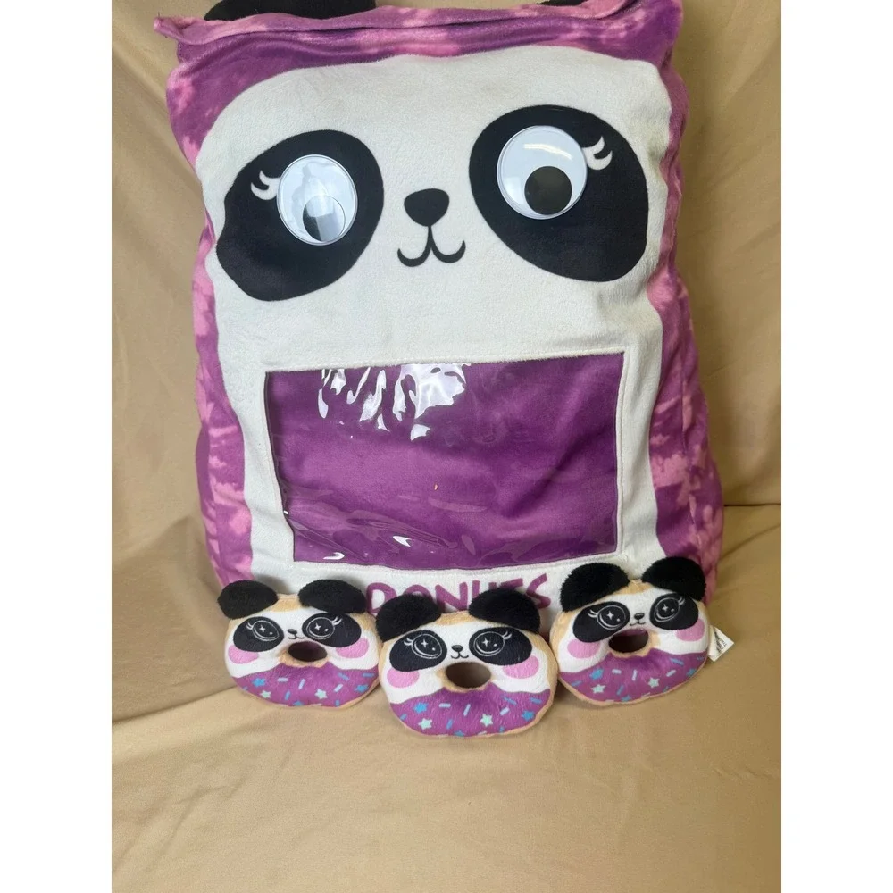 Panda Donut Snack Bag Plushie Pillow Purple Tie Dye with 3 Removable Mini Donuts
